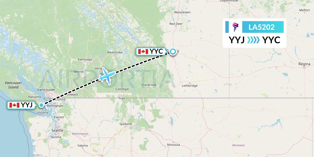 LA5202 LAN Airlines Flight Map: Victoria to Calgary