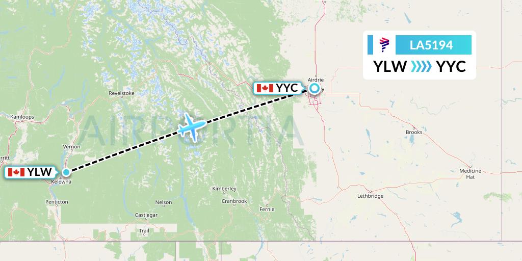 LA5194 LAN Airlines Flight Map: Kelowna to Calgary
