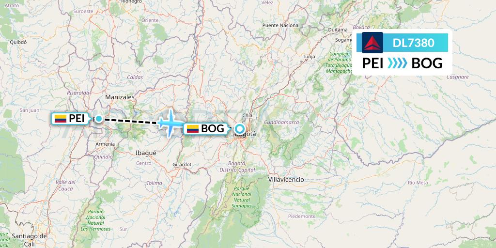 DL7380 Delta Air Lines Flight Map: Pereira to Bogota