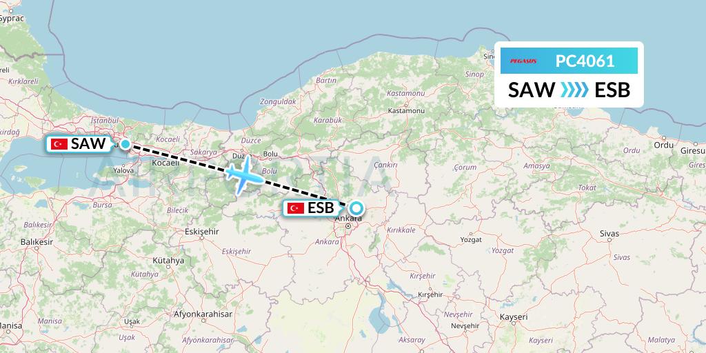 PC4061 Pegasus Airlines Flight Map: Istanbul to Ankara