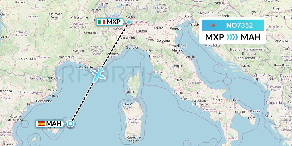 NO7352 Neos Flight Map: Milan to Mahon