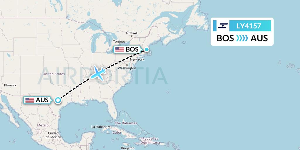 LY4157 El Al Flight Map: Boston to Austin