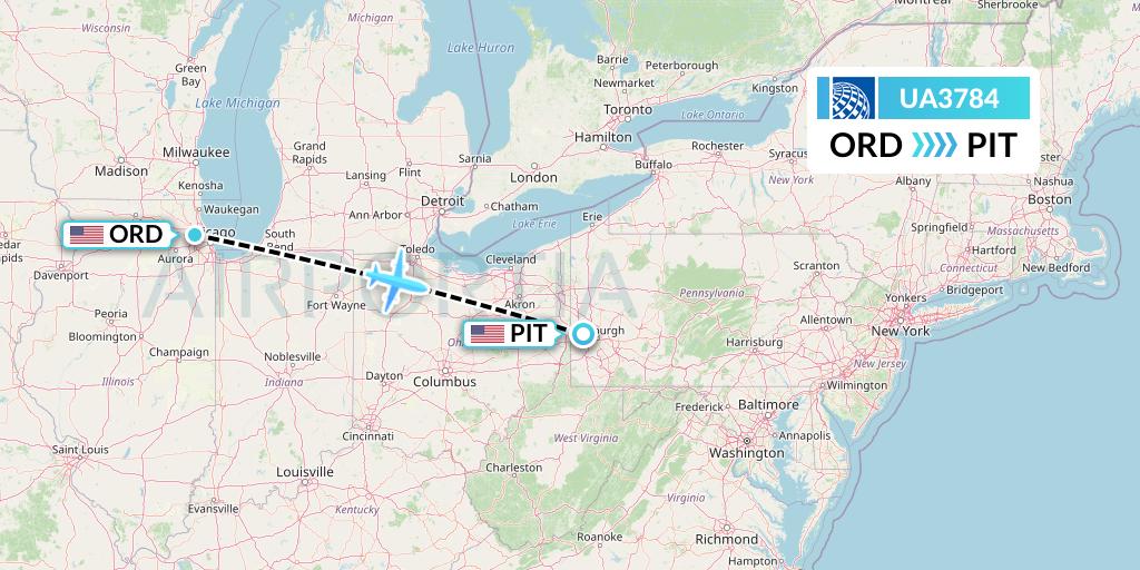 UA3784 United Airlines Flight Map: Chicago to Pittsburgh