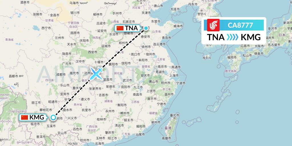 CA8777 Air China Flight Map: Jinan to Kunming