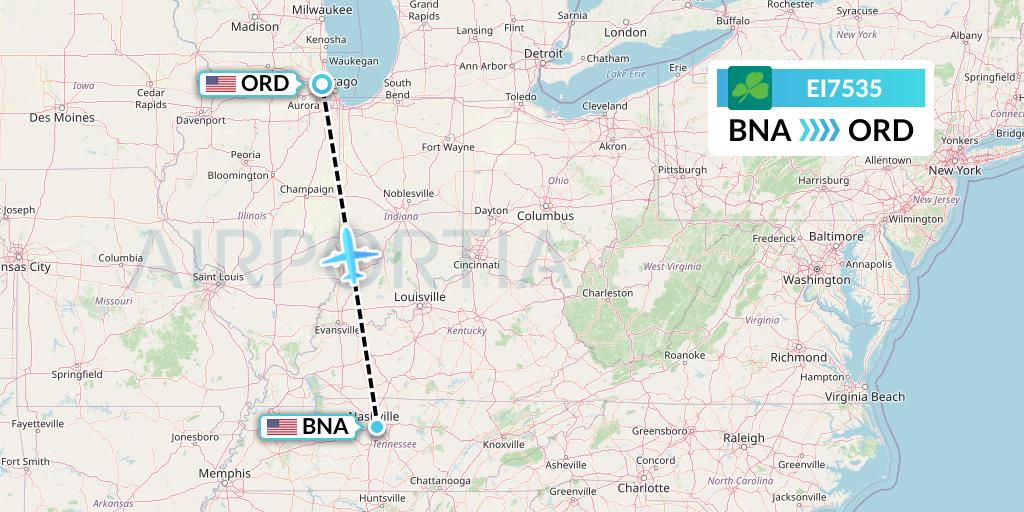 EI7535 Aer Lingus Flight Map: Nashville to Chicago