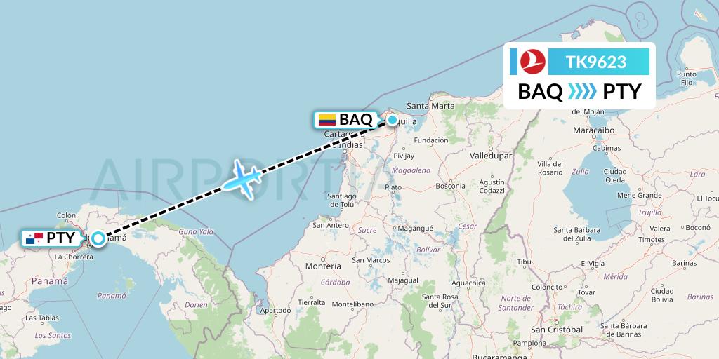 TK9623 Turkish Airlines Flight Map: Barranquilla to Panama City