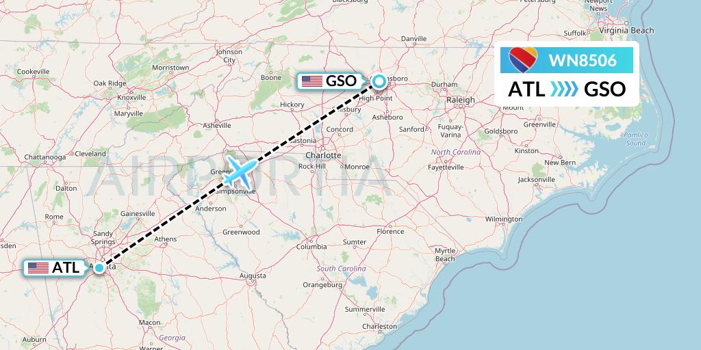 WN8506 Southwest Airlines Flight Map: Atlanta to Greensboro