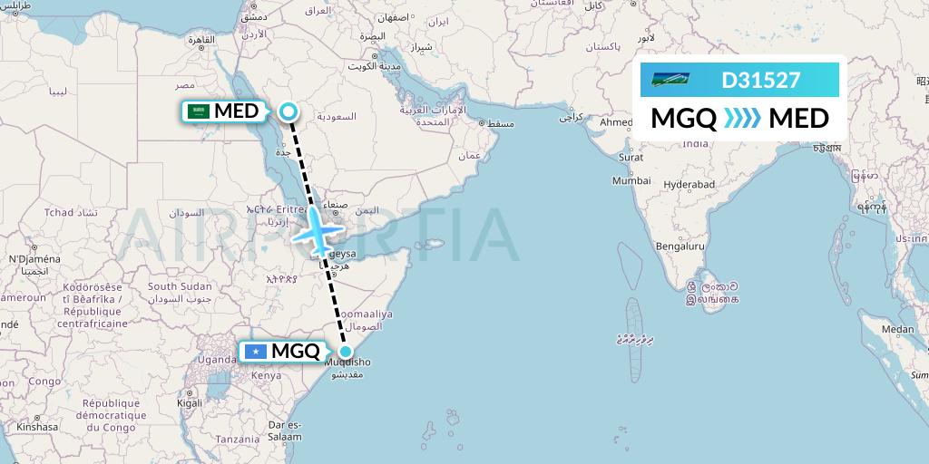 D31527 Daallo Airlines Flight Map: Mogadishu to Medina