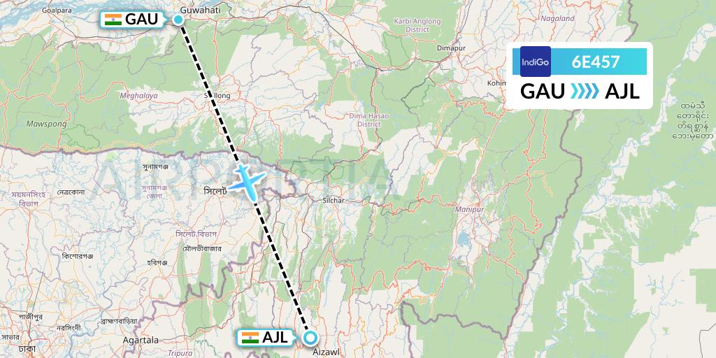 6E457 IndiGo Airlines Flight Map: Guwahati to Aizawl