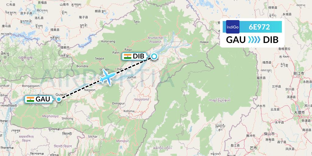 6E972 IndiGo Airlines Flight Map: Guwahati to Dibrugarh