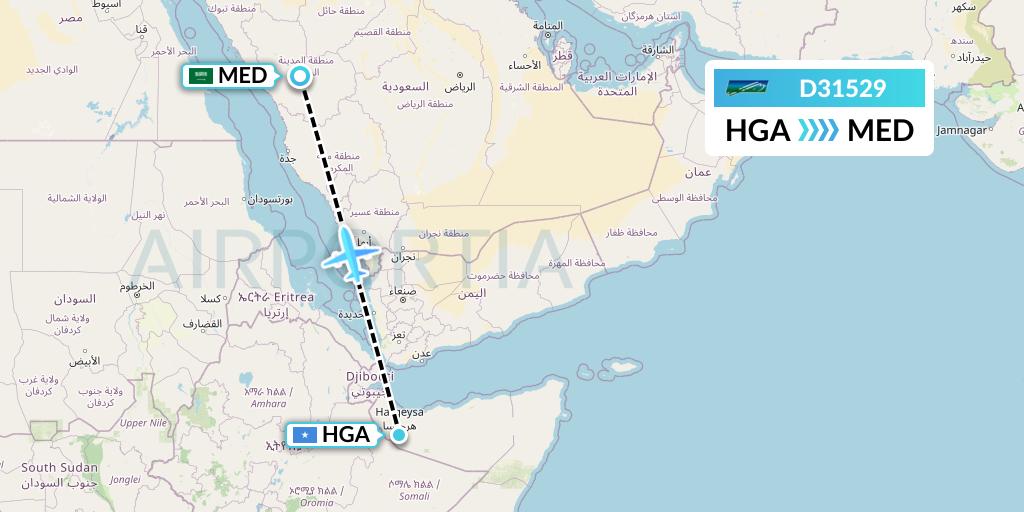 D31529 Daallo Airlines Flight Map: Hargeisa to Medina