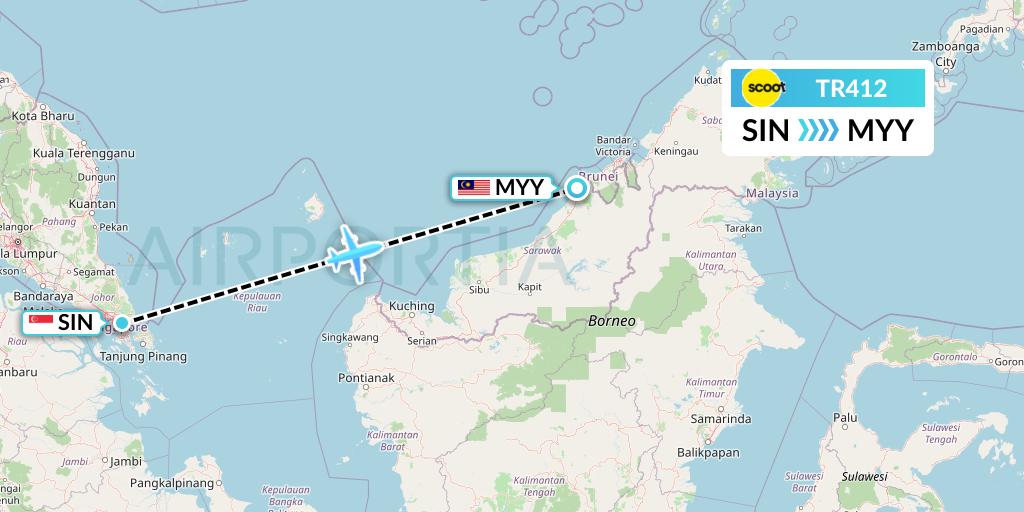 TR412 Tigerair Flight Map: Singapore to Miri