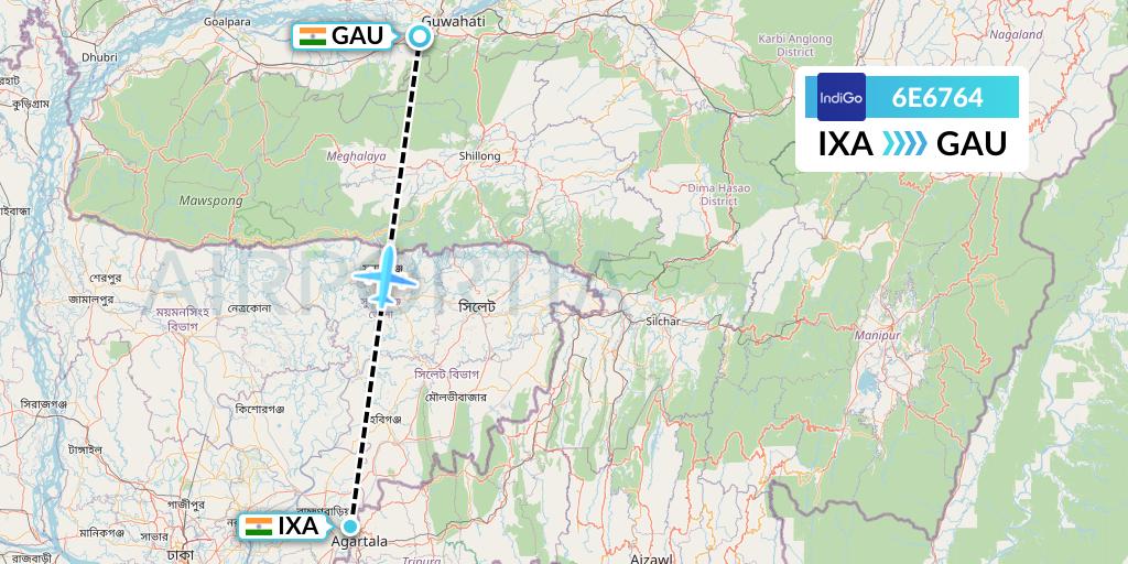 6E6764 IndiGo Airlines Flight Map: Agartala to Guwahati