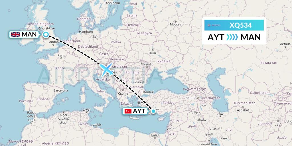 XQ534 SunExpress Flight Map: Antalya to Manchester