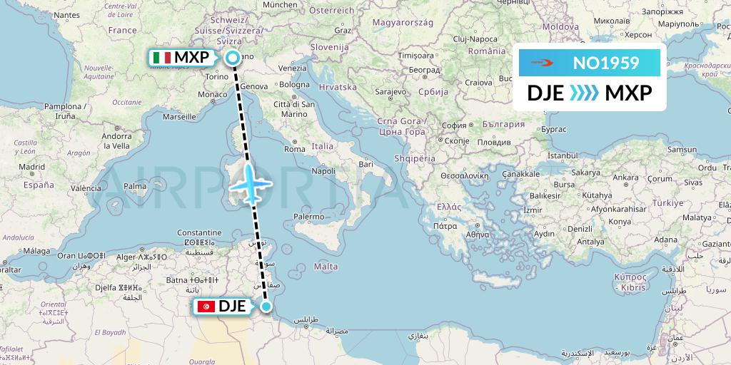 NO1959 Neos Flight Map: Djerba to Milan