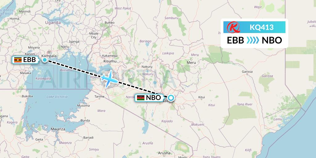 KQ413 Kenya Airways Flight Map: Entebbe to Nairobi