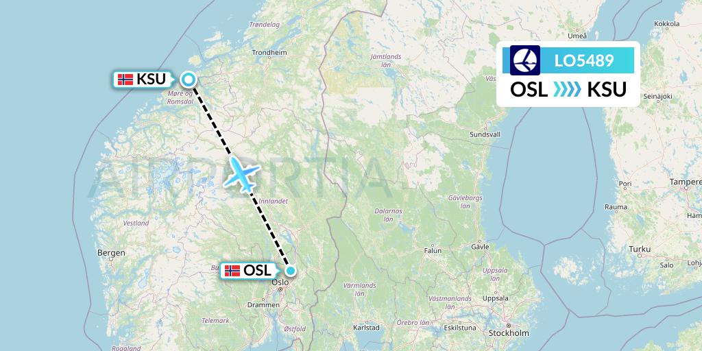 LO5489 LOT Flight Map: Oslo to Kristiansund