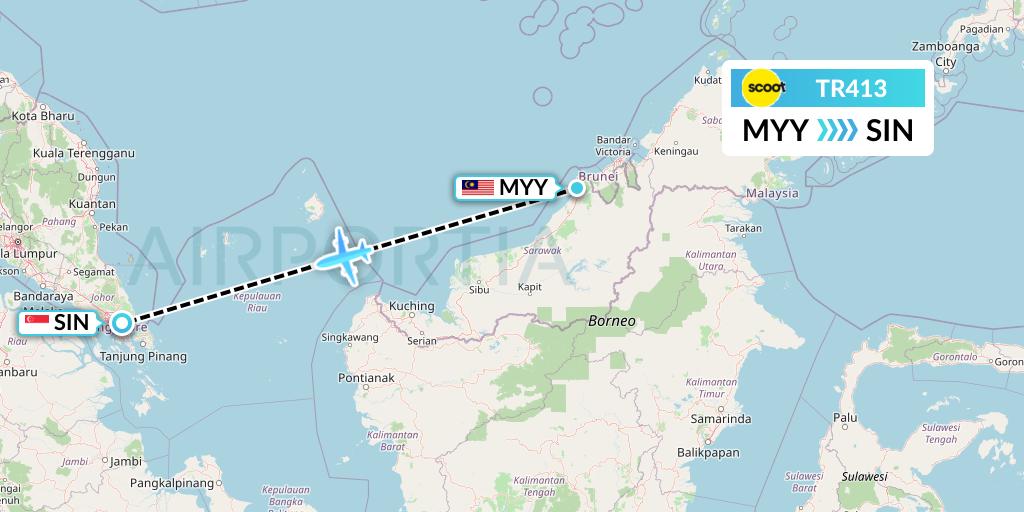 TR413 Tigerair Flight Map: Miri to Singapore