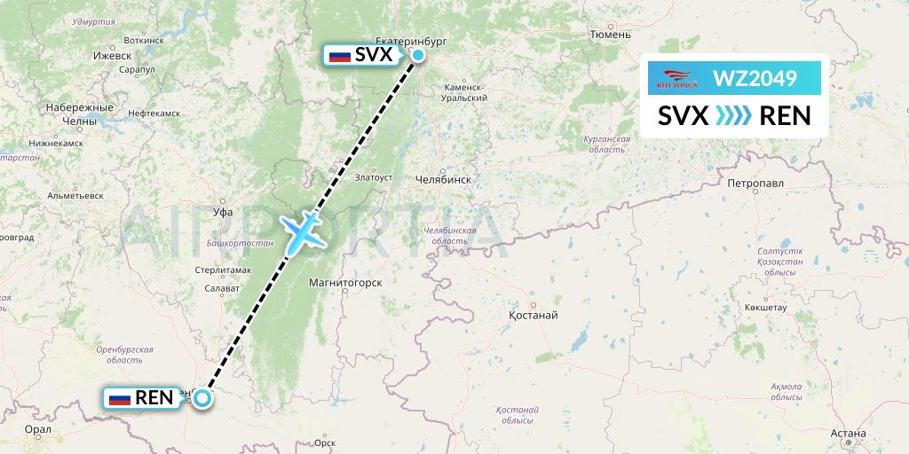 WZ2049 Red Wings Flight Map: Yekaterinburg to Orenburg