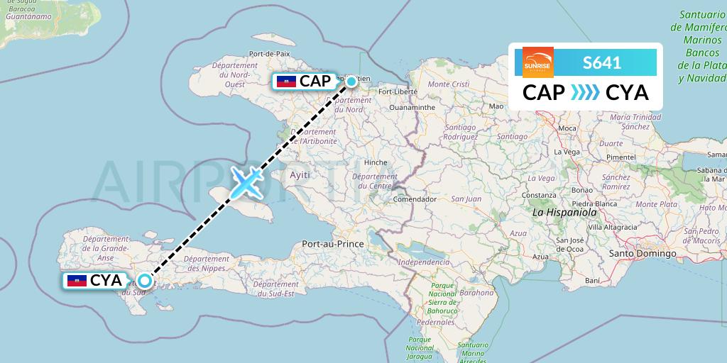 S641 Sunrise Airways Flight Map: Cap-Haitien to Les Cayes