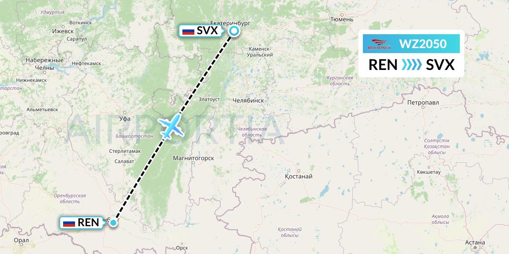 WZ2050 Red Wings Flight Map: Orenburg to Yekaterinburg
