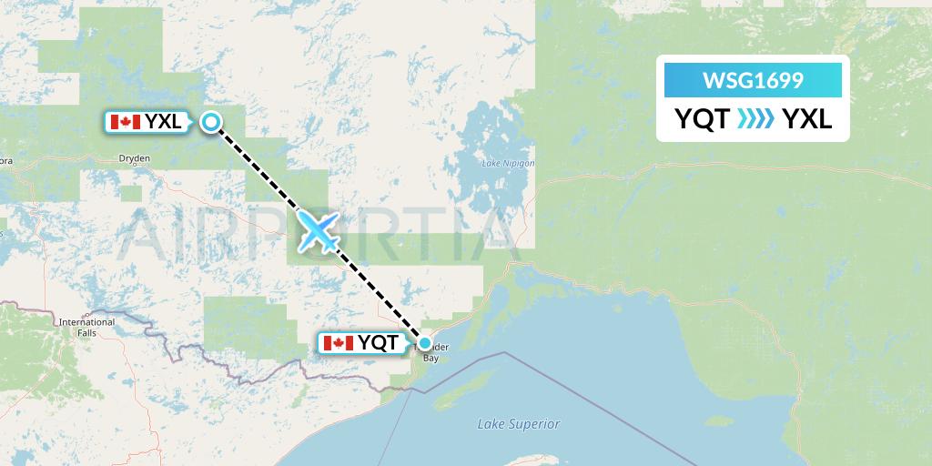 WSG1699 Wasaya Airways Flight Map: Thunder Bay to Sioux Lookout