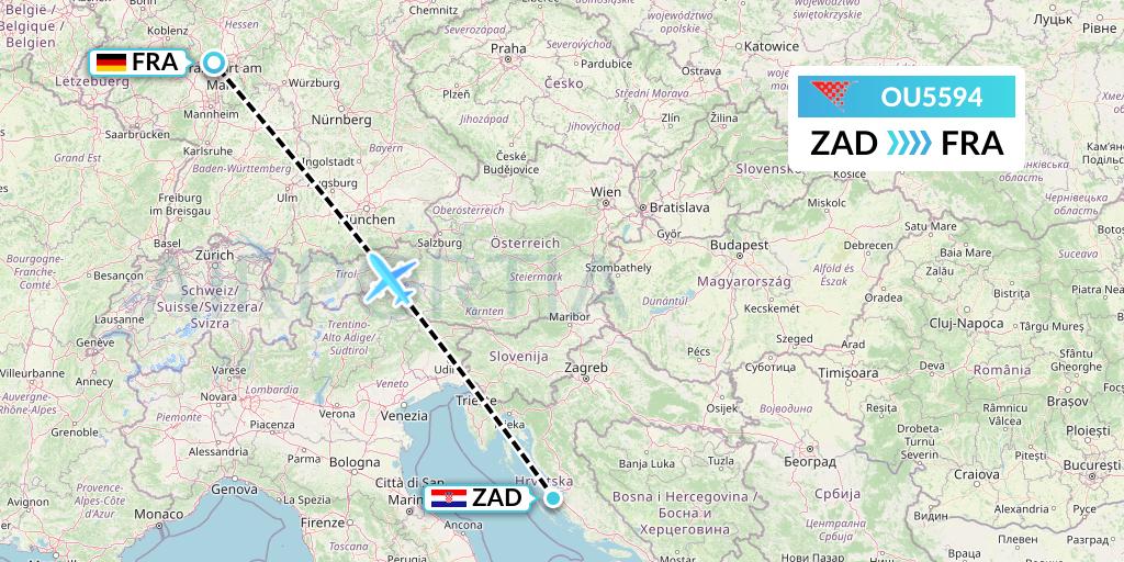 OU5594 Croatia Airlines Flight Map: Zadar to Frankfurt