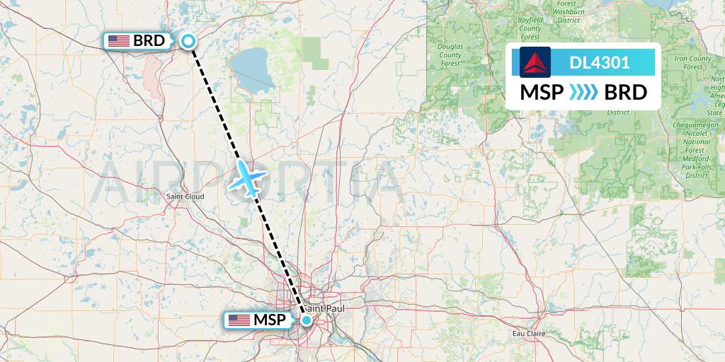 DL4301 Delta Air Lines Flight Map: Minneapolis to Brainerd