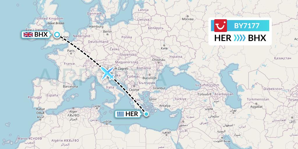 BY7177 TUI Airways Flight Map: Heraklion to Birmingham