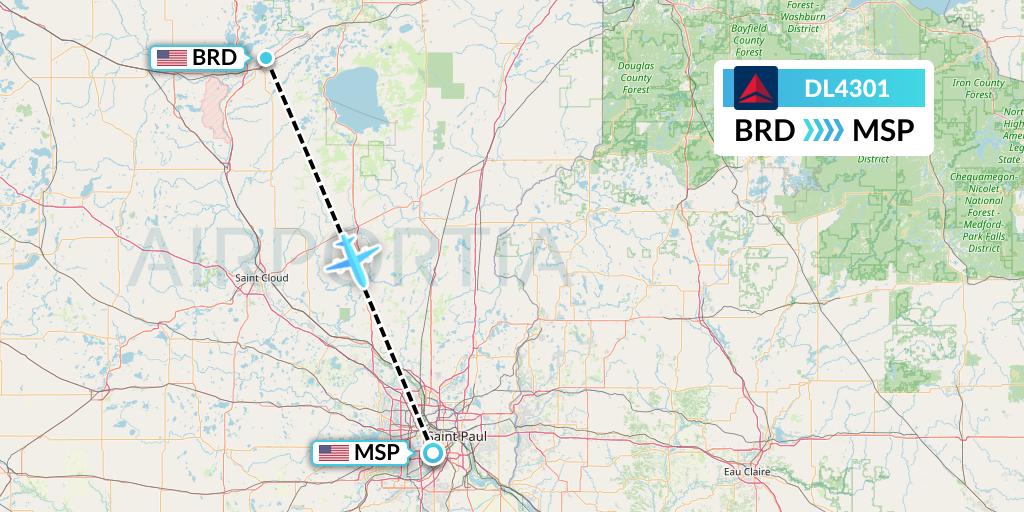 DL4301 Delta Air Lines Flight Map: Brainerd to Minneapolis