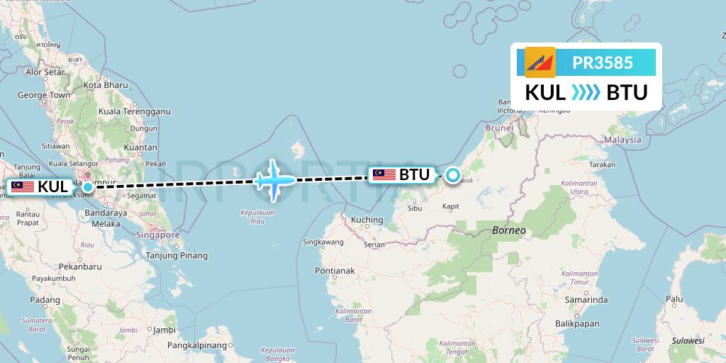 PR3585 Philippine Airlines Flight Map: Kuala Lumpur to Bintulu