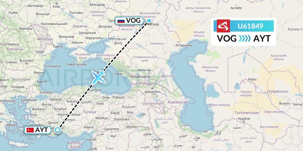 U61849 Ural Airlines Flight Map: Volgograd to Antalya