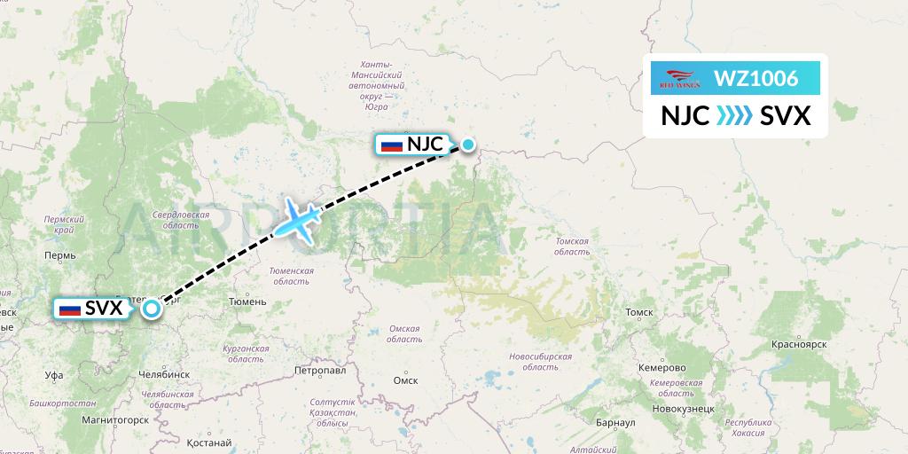 WZ1006 Red Wings Flight Map: Nizhnevartovsk to Yekaterinburg
