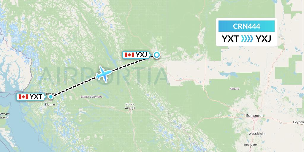 CRN444 Aerocaribbean Flight Map: Terrace to Fort St. John
