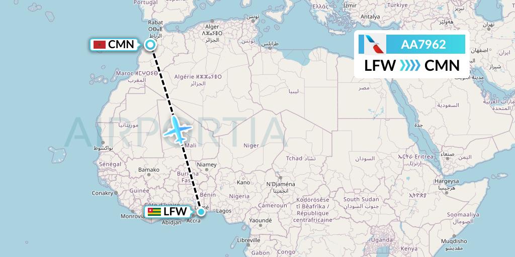 AA7962 American Airlines Flight Map: Lome to Casablanca