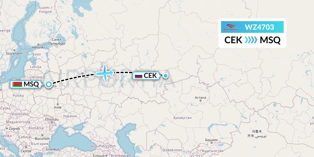 WZ4703 Red Wings Flight Map: Chelyabinsk to Minsk
