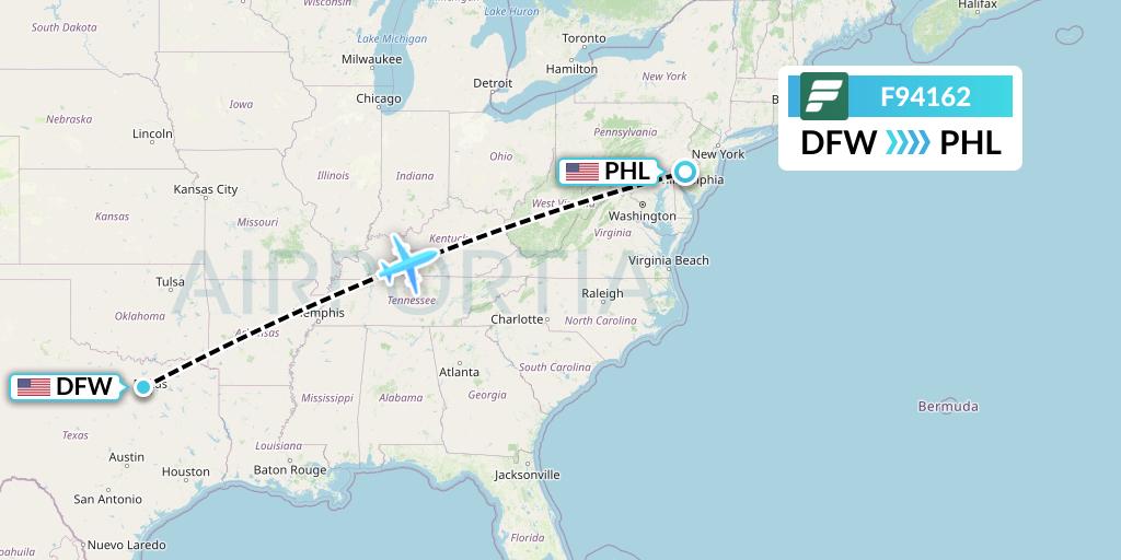 F94162 Frontier Airlines Flight Map: Dallas to Philadelphia