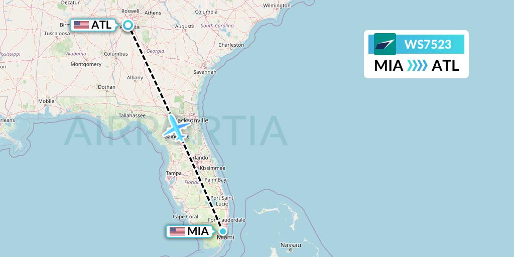 WS7523 WestJet Flight Map: Miami to Atlanta