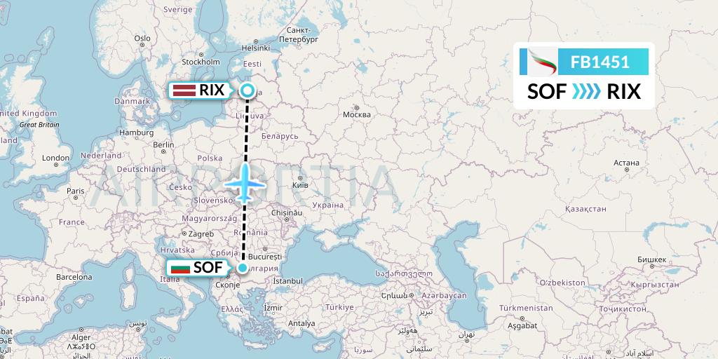 FB1451 Bulgaria Air Flight Map: Sofia to Riga