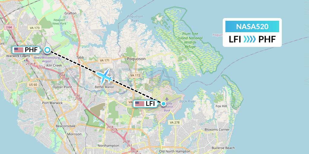 NASA520 Nasair Flight Map: Hampton to Newport News