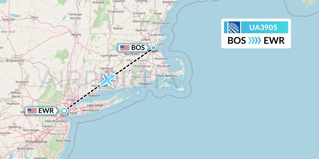 UA3905 United Airlines Flight Map: Boston to New York