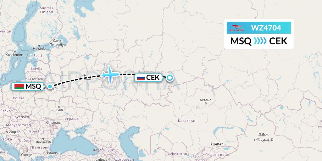 WZ4704 Red Wings Flight Map: Minsk to Chelyabinsk