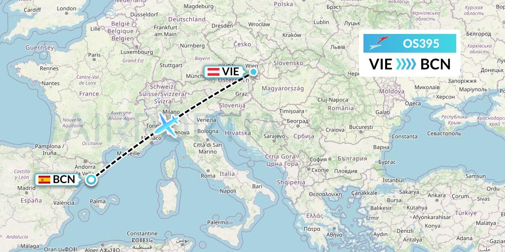 OS395 Austrian Airlines Flight Map: Vienna to Barcelona