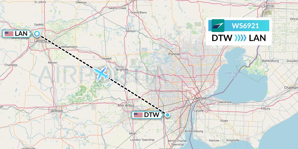 WS6921 WestJet Flight Map: Detroit to Lansing