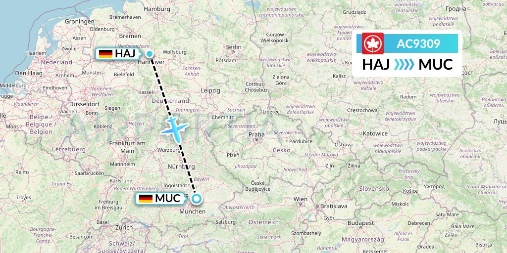 AC9309 Air Canada Flight Map: Hannover to Munich