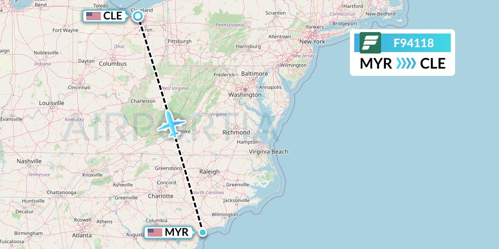F94118 Frontier Airlines Flight Map: Myrtle Beach to Cleveland