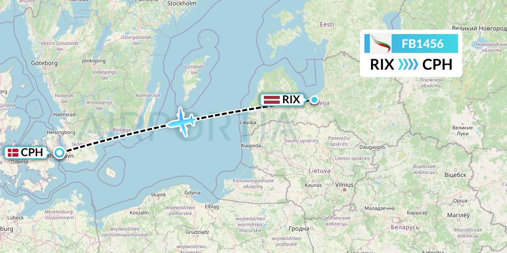 FB1456 Bulgaria Air Flight Map: Riga to Copenhagen