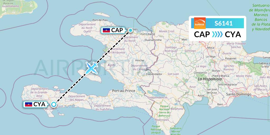 S6141 Sunrise Airways Flight Map: Cap-Haitien to Les Cayes