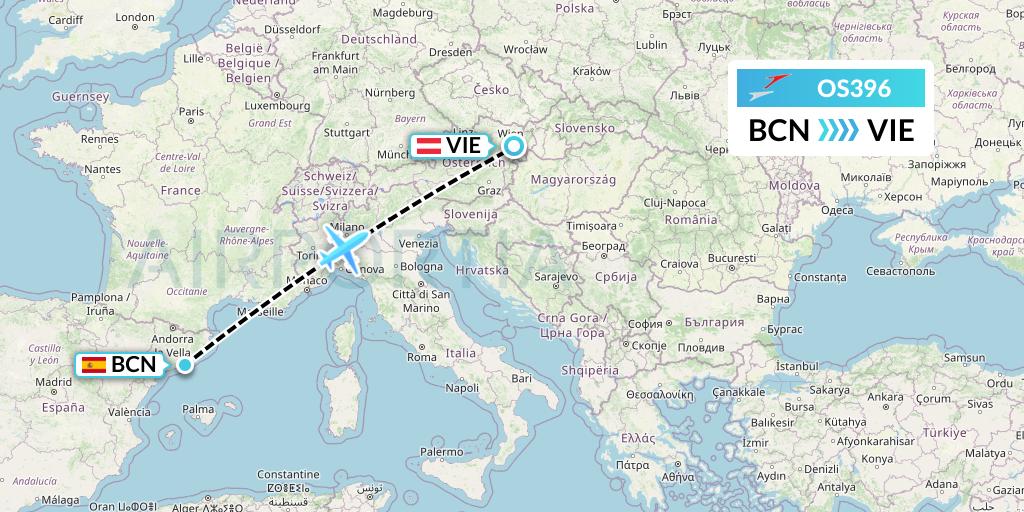 OS396 Austrian Airlines Flight Map: Barcelona to Vienna