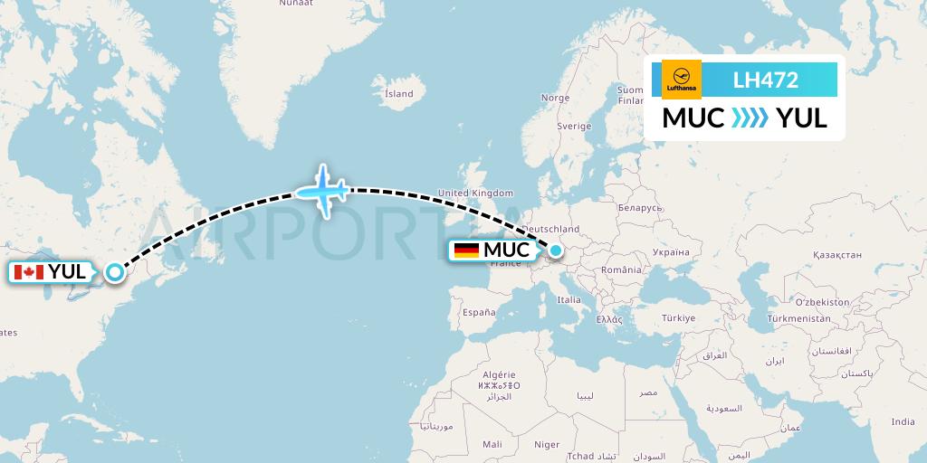 LH472 Lufthansa Flight Map: Munich to Montreal